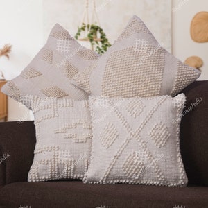 4 Set of 45x45cm Designer White Loom Cotton Handmade Pillow Covers, Sofa Cushion Covers, New Home Gift, Boho Pillow, Bohemian Cushion Covers