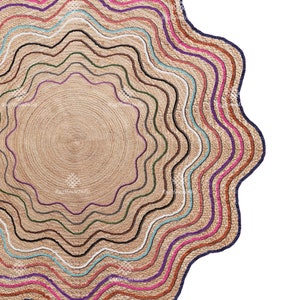 Hand Braided Natural Jute Round Scalloped Rugs, Custom Size/ Color Scallop Border Mats, Bohemian floral rugs, Round Scalloped Doormat