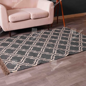 3x5 5x7 Ft Indian Handmade Black & Off White Wool Jute Kilim Rug With Fringes Decor Rug Large Area Boho Wool Jute Rug Home decor gift