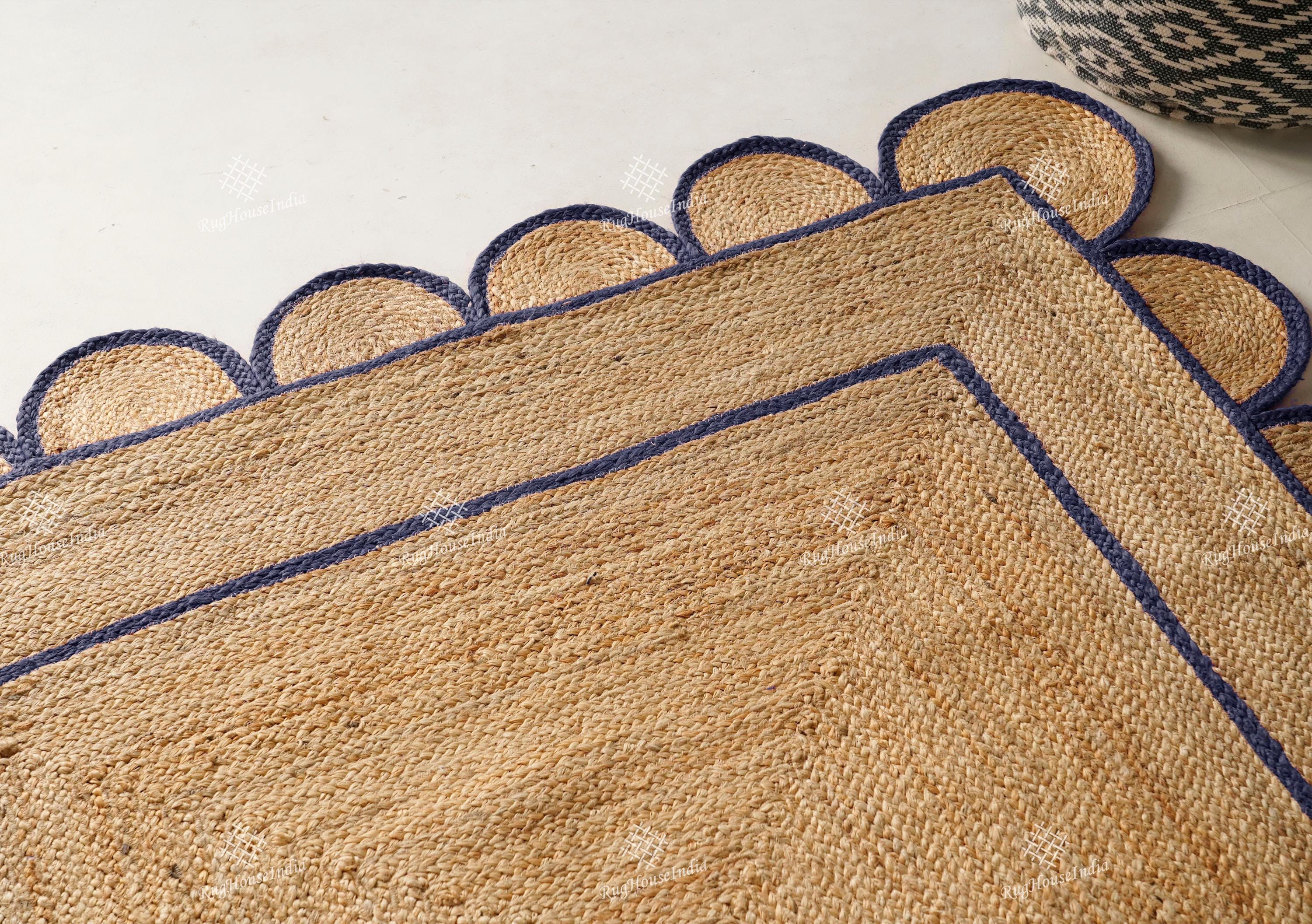 Handmade Scalloped Jute Rug Home Decor Braided Jute Rug Large Area Room Rug Flatweave Natural Jute Rug with Navy Blue Scalloped Border Rug