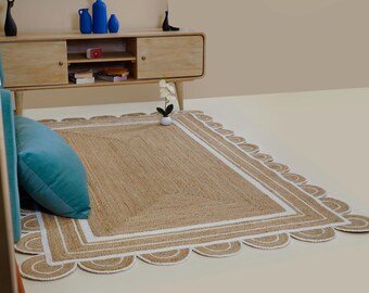 Handgewebter geflochtener ausgebogter Juteteppich, Rechteckiger Teppich mit weißer Bordüre, Boho Wohnkultur Teppich, Benutzerdefinierte Größe und Farbe, Jakobsmuschelmuster