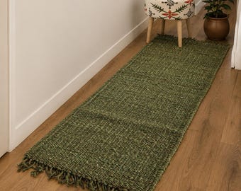 Handwoven Hallway decor Green Hemp runner jute rug, 2x8ft Runner jute area carpet, bohemian solid Natural fiber runner rugs, stair decor rug