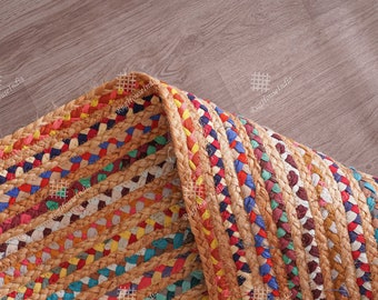 Indian Hand Braided Multicolor Jute & Cotton Braided Runner Rug Bohemian Jute Rug Yoga Mat Jute Cotton Carpet Vintage Jute Rug