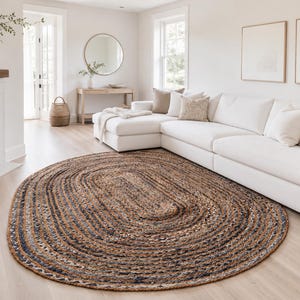 Ręcznie pleciony owalny dywan w stylu chindi z juty bawełnianej do salonu, 5 x 8 stóp. Owalny dywan z denimu z recyklingowanej bawełny. Dywany boho do użytku na zewnątrz/na patio.