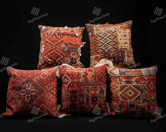 Set of 5 Indian Handmade Cotton Embroidered Cushion Cover 18&quot;x18&quot; Ethnic Pillow Boho Hand Woven Shams Decorative Multicolor Cushion Covers