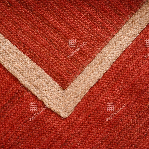 Benutzerdefinierte Größe Indischer Hand geflochtener Jute Teppich, Roter Jute mit Beige Rand, Rechteckform Teppich, Vintage Jute Teppich, Umweltfreundlicher Teppich, Boho Teppich