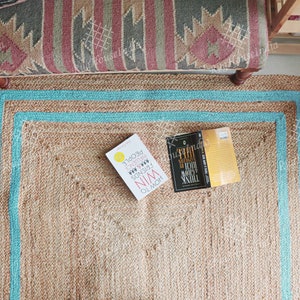 Handmade Beige Jute Braided Rug with Turquoise Border Doormat Rug Natural Fiber Rug Home Decor Rugs Bohemian Rug Rectangle Jute Carpet