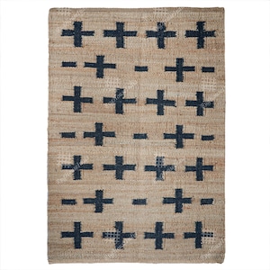 Beige with Black Plus Design Checkered Jute Hemp Rug/Runner Boho Natural Jute Rug Textured Stripe Area Rug Bohemian Rug Custom Size Rug