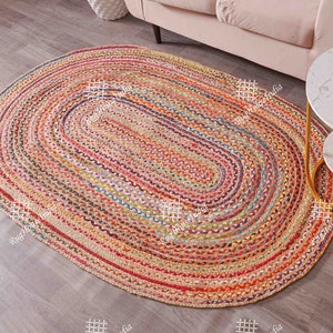 Hand Braided Bohemian Colorful Jute Cotton Chindi Area Rug  Home Decor Rugs cotton area rugs oval shape braided rug rag floor rug mat