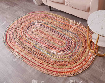 Hand Braided Bohemian Colorful Jute Cotton Chindi Area Rug  Home Decor Rugs cotton area rugs oval shape braided rug rag floor rug mat