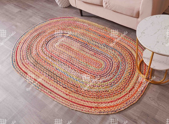 Hand Braided Bohemian Colorful Jute Cotton Chindi Area Rug Home