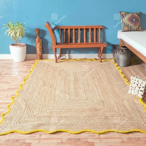 Handmade Scalloped Jute Rug Natural Jute Rug with Various Color Border Scallop Braided Rug Kitchen Rug Home and Living Wavy Scalloped Edge