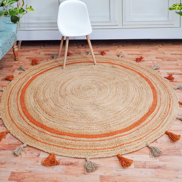 Alfombra de yute natural redonda trenzada a mano de tamaño personalizado con borlas Alfombra vintage de fibra natural Alfombra de piso de área india hecha a mano Alfombra ecológica Alfombra con flecos