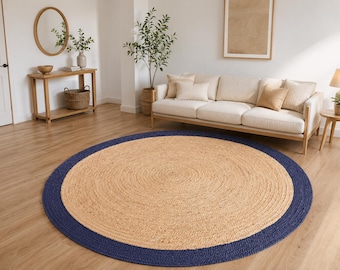 Handwoven Round Light blue border Jute natural fiber rug for home decor Boho Solid Circular farmhouse decor Rug Eco friendly round doormat