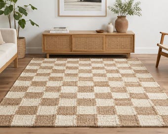 Alfombra de yute de cáñamo tejida a mano con estampado a cuadros para la decoración de la sala de estar, alfombra de yute de cáñamo natural de 2,1 x 3,6 metros, alfombra de yute blanca, alfombra ecológica.