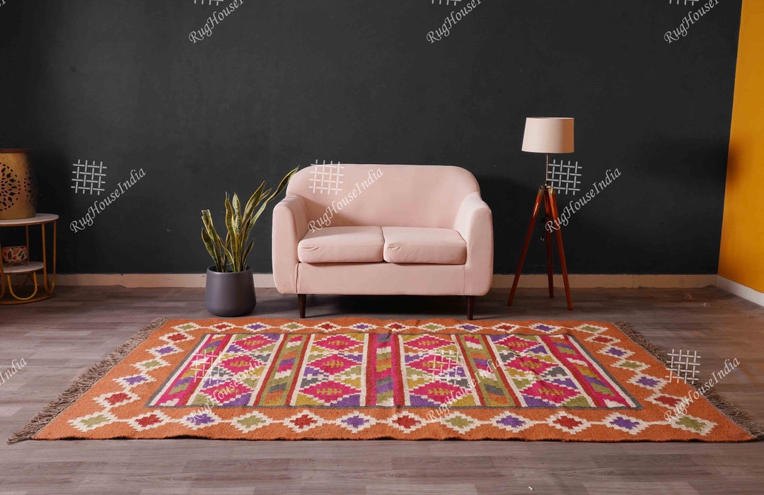 Indian Handwoven Multicolor Wool Jute Kilim Area Dhurrie Rug Fringes