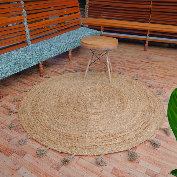 Hand Braided Natural Jute Round Rug with Fringes Natural Fiber Rug Handmade Jute Rug Round Turkish Rug Eco Friendly Home Decor Rugs