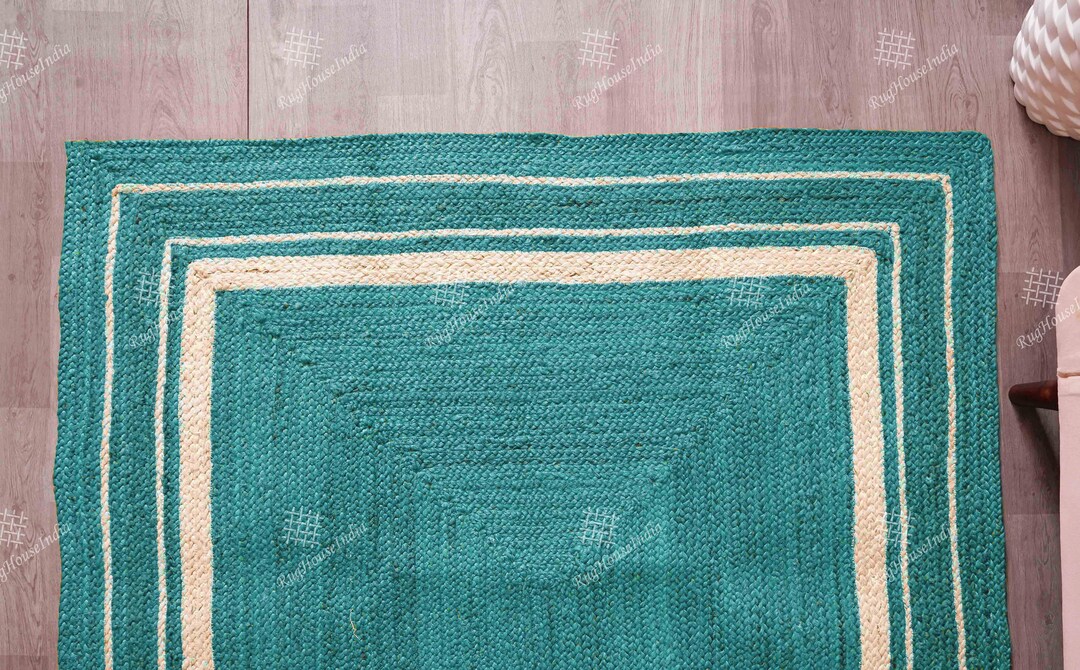 Natural Jute Hand Braided Jute Area Rug Rectangle Doormat Cyan Color