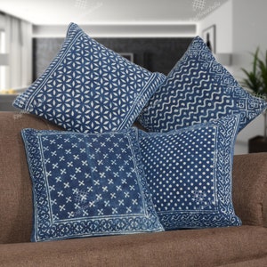 4 Set of 18&quot;X18&quot; Indian Handmade Printed Blue Cushions Cover, Cotton Ethnic Pillowcases, Handwoven Pillows Decorative Sofa Cushion Cover