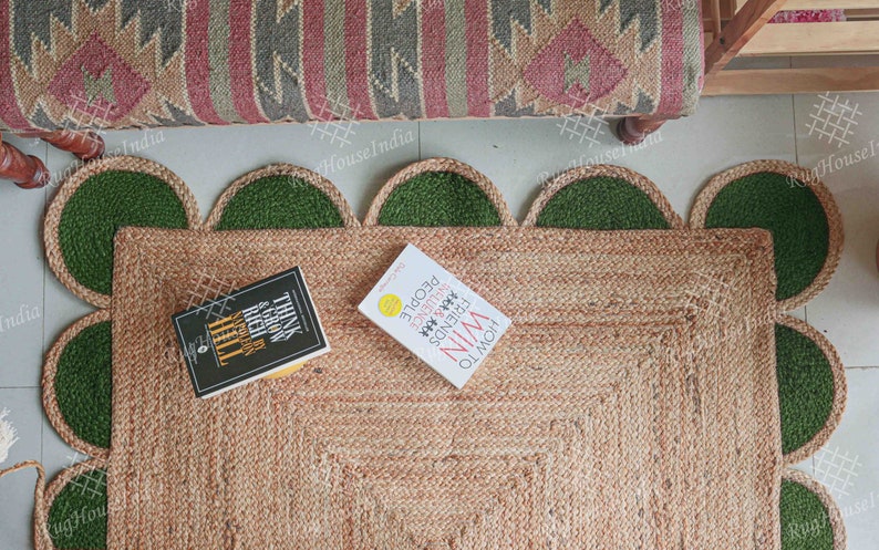 Color Jug Rug Custom Size Beige Color Jute Rug With Green Scalloped Jute Rug Large ...