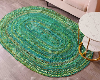 Alfombras ovaladas estilo boho trenzadas a mano, felpudo de algodón verde y alfombra chindi de estilo rústico, 8 x 10 pies y tamaños personalizados disponibles, alfombras modernas para sala de estar.