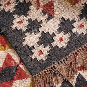 Indian Handmade Kilim Wool Jute Rug, Multicolor Décor Rug, Fringes Jute Rug, Rectangle Shape Rug, Vintage Kilim Dhurrie Rug Custom Size gift