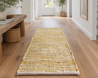 Tapetes de corredor de juta e cânhamo amarelos, tecidos à mão, para decoração de escadas e entradas; tapetes de corredor boho de juta amarela; tapete de corredor ecológico.