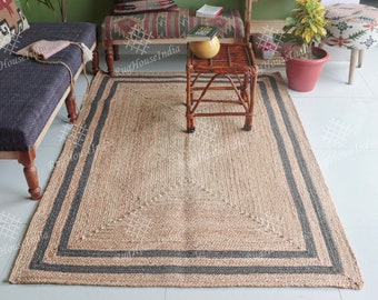 Handmade yoga mat double border jute rug : Natural carpets for bedroom, Modern jute dhurrie