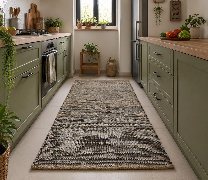 May include: A rectangular runner rug featuring a woven texture with alternating horizontal bands of dark navy blue and natural tan fibers. The rug is positioned centrally on a light-colored floor, extending lengthwise between two rows of olive green kitchen cabinets.