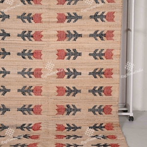 Beige Jute and Cotton Rug with Red Flower Natural Jute Hand Woven Premium Quality Boho Style Rug Moroccan Nordic Rug Bohemian Decor Rug
