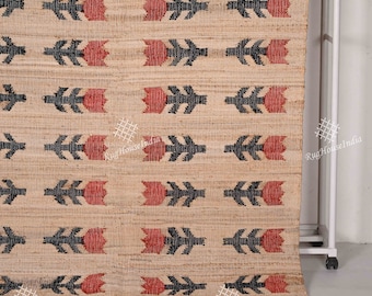 Beige Jute and Cotton Rug with Red Flower Natural Jute Hand Woven Premium Quality Boho Style Rug Moroccan Nordic Rug Bohemian Decor Rug