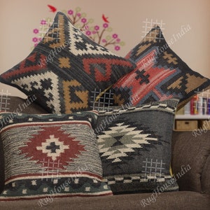 4 Set of 18x18 Inches Wool Jute Vintage Kilim Pillow Home Decor Handwoven Turkish Pillow Moroccan Pillow Kilim Cushion Covers