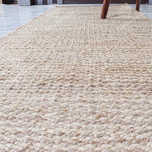 Hand Loomed Beige and White Jute Hemp Runner Rug Jute Runner Rug Large Area Jute Rug Custom Size Vintage Rug Decorative Rugs Boho Rug