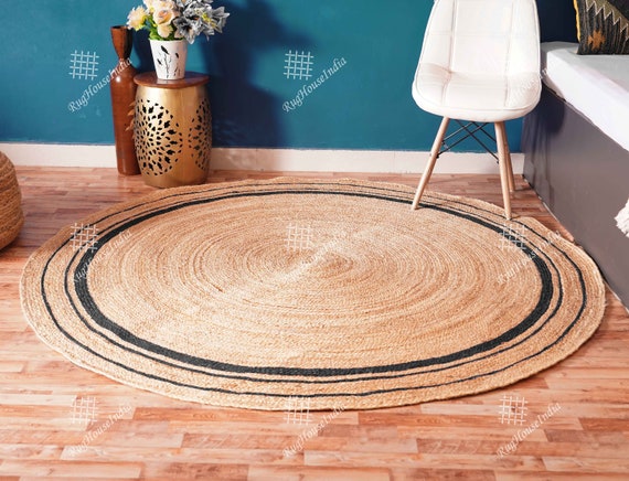 Custom Size Hand Braided Jute Round Area Rug Beige With Triple