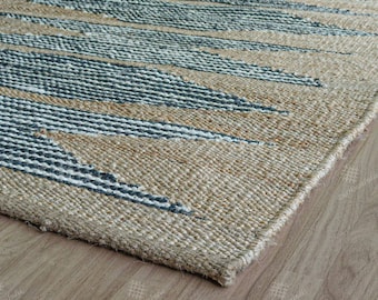 Tappeto in juta e canapa naturale tessuto a mano con motivo geometrico blu / Tappeto boho a tessitura piatta ecologico, tappeto boho in juta 5 x 7 piedi, ecologico