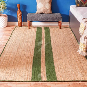 Custom Size Hand Braided Beige Jute Rug with Double Stripes Line Indian Bohemian Rug Rectangle Jute Carpet decorative Rug Jute Area Rug