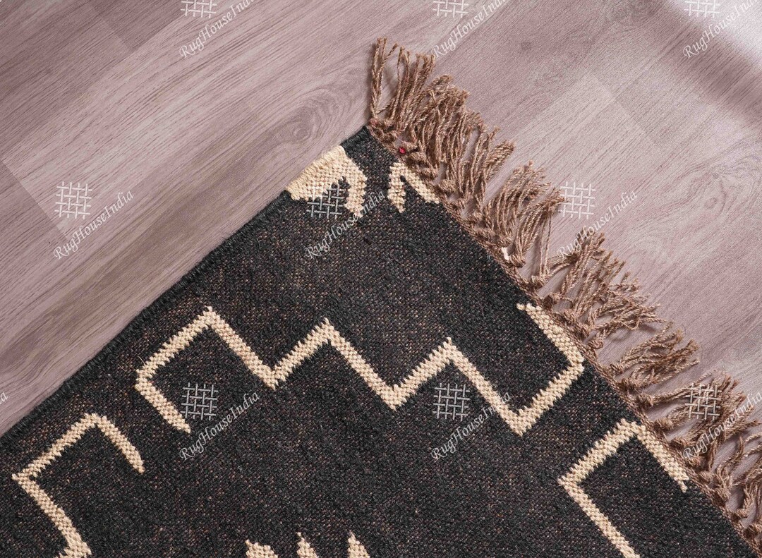 3x5 6x9 Ft Kilim Black & off White Design Wool Jute Rug Handwoven