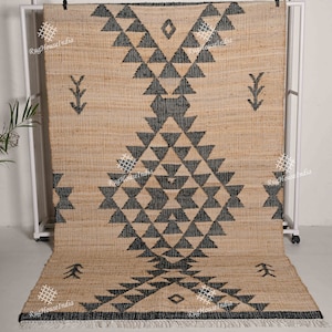 Handmade Jute and Cotton Rugs for Home And Living Room Decor, Beige With Black Design, Vintage Rug Turkish Rug, Large Area Rug