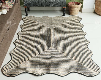 Custom Size  Scalloped Jute Rug with Beige/Black Stripes Natural Jute Area Rug Doormat Rug Runner Hand braided Jute Rug Decorative Rug
