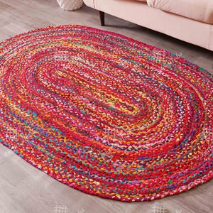 Hand Braided Bohemian Colorful Cotton Chindi Area Rug Colorful Oval Chindi Rug Home Decor Rugs Floor Decor Rug Vintage Cotton Area Rug