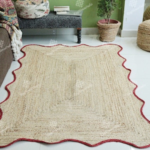 Braided Beige Rug With Red Border Scallop Design,  Home And Living Decor Handmade Scallop Rug.