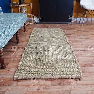 Custom Size Handmade Beige and Green Stripes Jute Hemp Runner Doormat Rug Stair Décor Entryway Runner Natural Fiber Rugs for Bedroom Decor