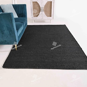 Indian handloomed hemp natural black solid jute rug boho decor jute rugs for Halloween sale hemp rugs Custom size hemp rugs