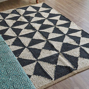 Handmade Hemp jute rugs for kitchen decor, Black geometric design carpet for living room, Custom size and eco friendly rug, Boho style mat