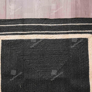 Indian Handmade Black Jute Braided Rug with White Border Custom Size Living Room Rug Warm Vintage Rug Rectangle Jute Carpet Turkish Boho Rug