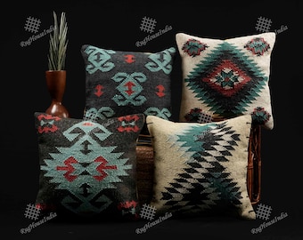 4 set med 45 x 45 cm kuddfodral i ulljute, prydnadskuddar, vintage kelimkuddfodral för vardagsrum, dekorativa indiska handgjorda kuddar