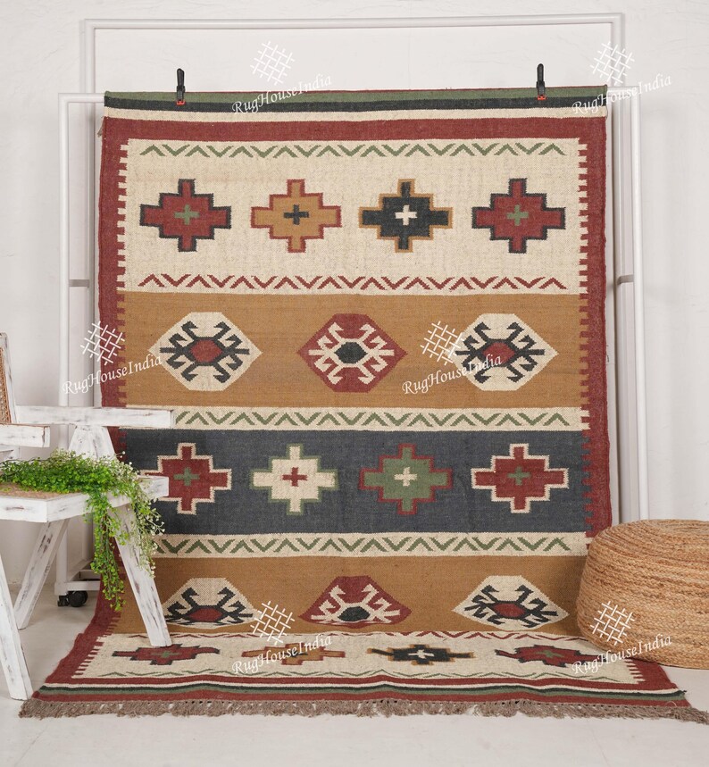 Indian Handwoven Wool Jute Kilim Rug Multicolor Kilim Dhurrie Rug