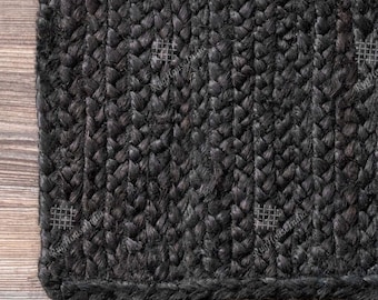 Handmade Black Solid Large Area Size Braided Jute Rug Customization in Color and Size Turkish Rug Traditional jute Rug Home Decor Rug