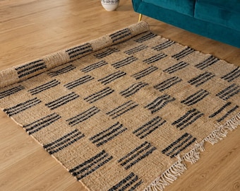 Handmade cotton wool kilim jute rugs for bedroom decor, Flatweave woven 8x10ft black stripe jute rug, natural fiber boho large jute rugs
