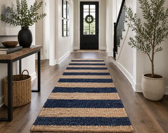 Handwoven Natural stripe hemp jute runner rugs for hallway decor, Traditional sisal runner jute carpet, Bohemian Large area jute rugs